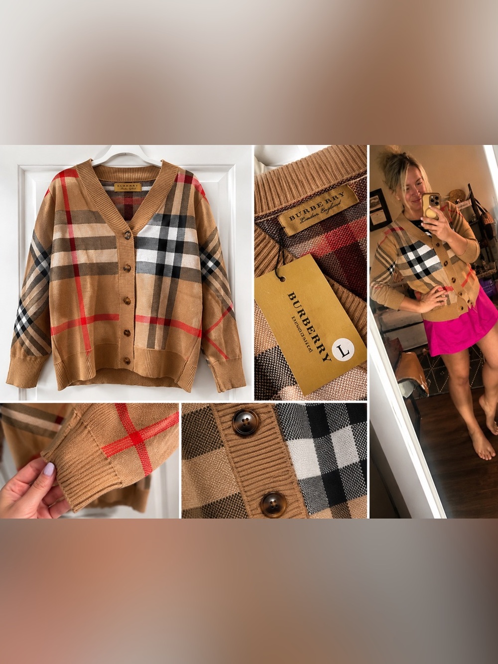 Camel Plaid Button-Front Cardigan with Red & Black Accents